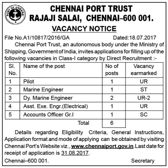Chennai Port Trust Recruitment 2017