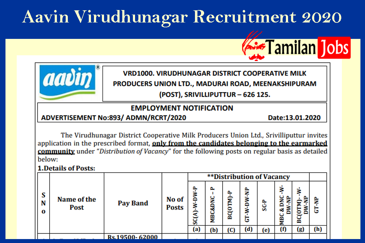 Aavin Virudhunagar Recruitment 2020