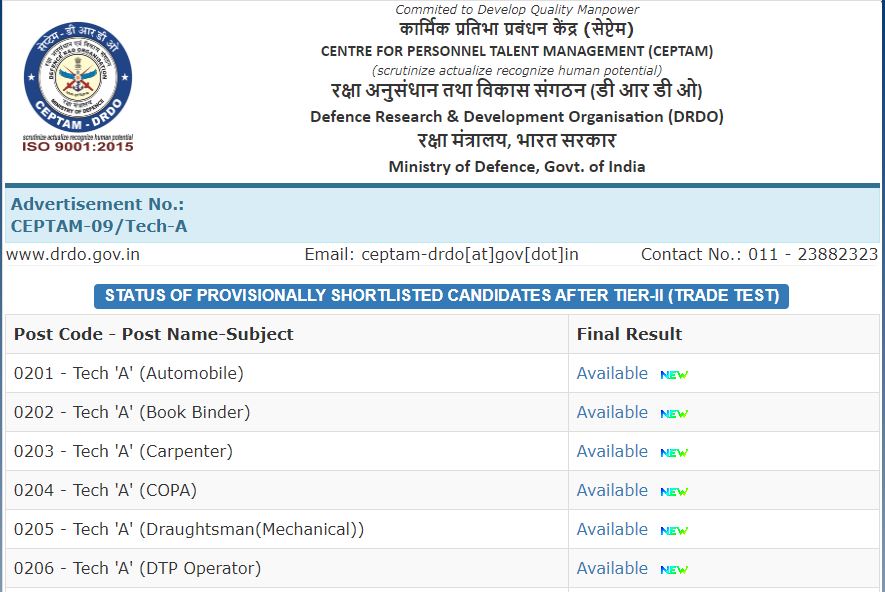 Drdo Ceptam Result 2020