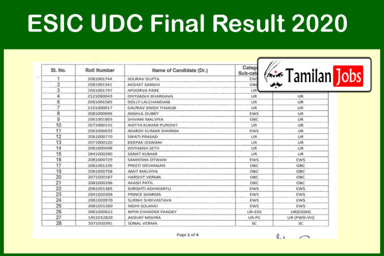 ESIC UDC Final Result 2020