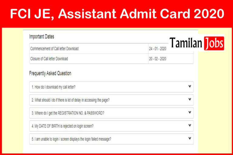 FCI JE, Assistant Admit Card 2020