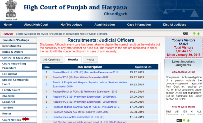 High Court of Punjab & Haryana Viva Voce Date 2020