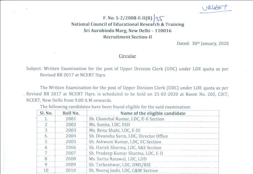 NCERT UDC Admit Card 2020