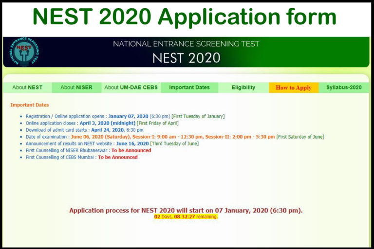 NEST 2020: Application form, fees, Syllabus, Exam date out