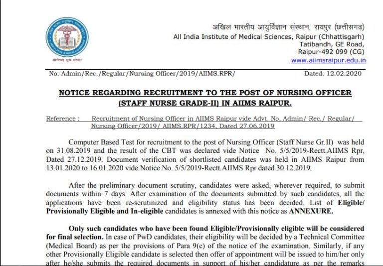 AIIMS Raipur Nursing Officer Result 2020