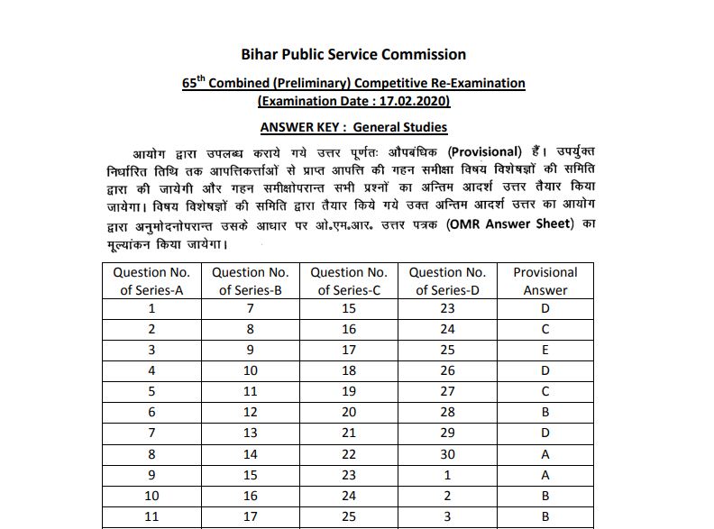 Bpsc 65Th Cce Answer Key 2020