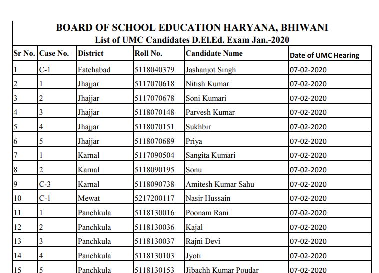 BSEH Selection List 2020