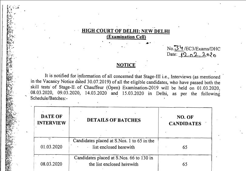 Delhi High Court Selection List, Interview Date 2020