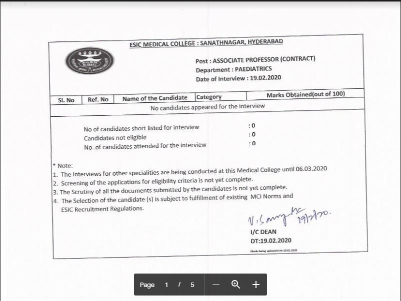 ESIC Associate Professor Result 2020