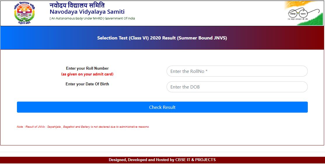 JNVST Result 2020 Class 6