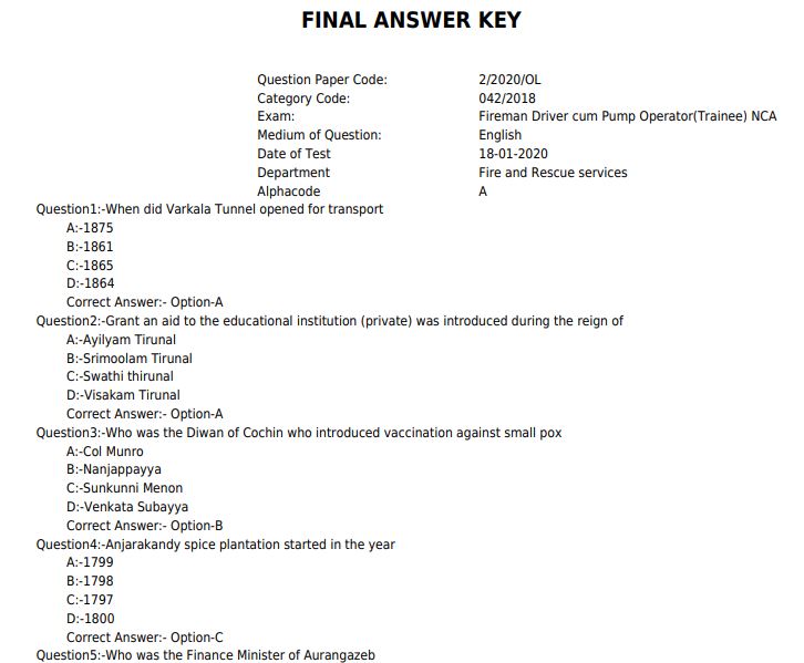 KPSC Assistant Officer Answer Key 2020