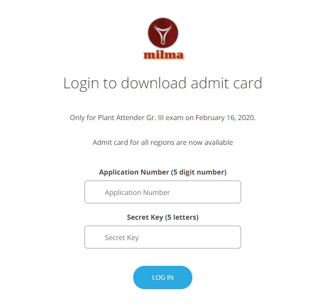 MILMA Plant Attender Admit Card 2020
