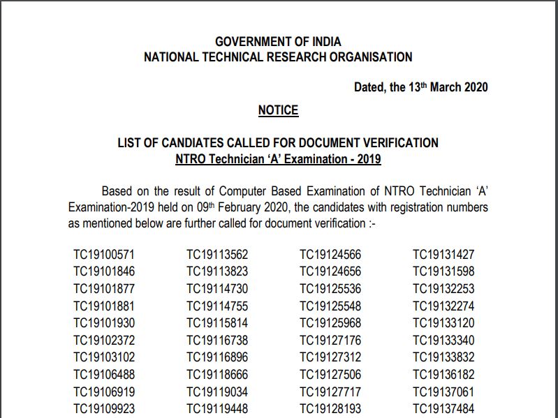 NTRO Technician A Result 2020