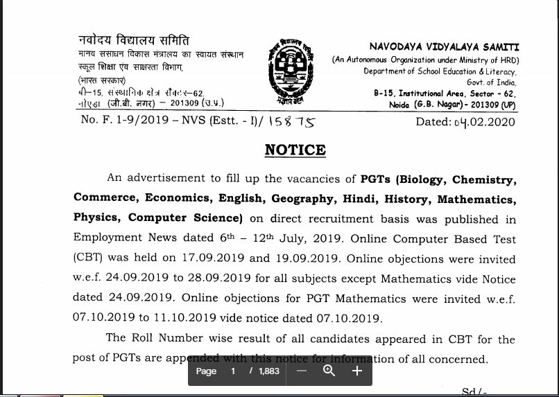 NVS PGT Result 2019