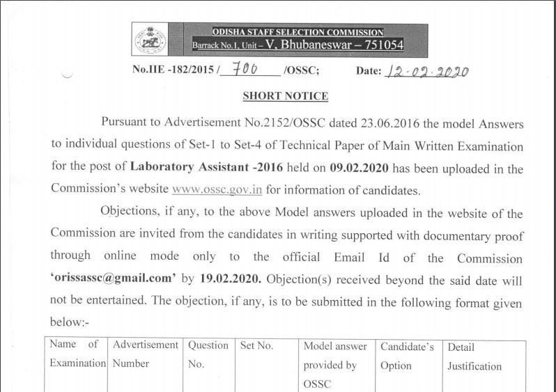 OSSC Laboratory Assistant 2020 Answer Key