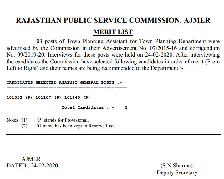 RPSC Town Planning Assistant Result 2020