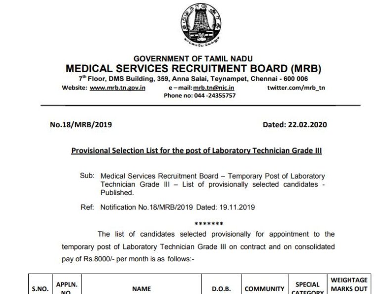 TN MRB Lab Technician Grade 3 Result 2020