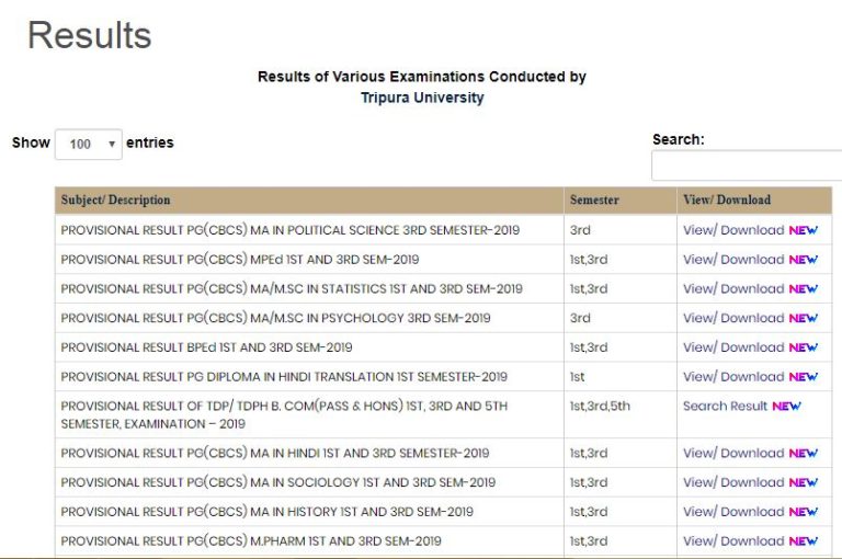 Tripura University Results 2020
