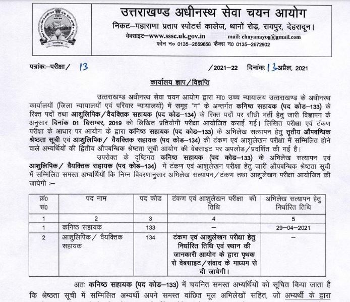 UKSSSC Junior Assistant Result 2021