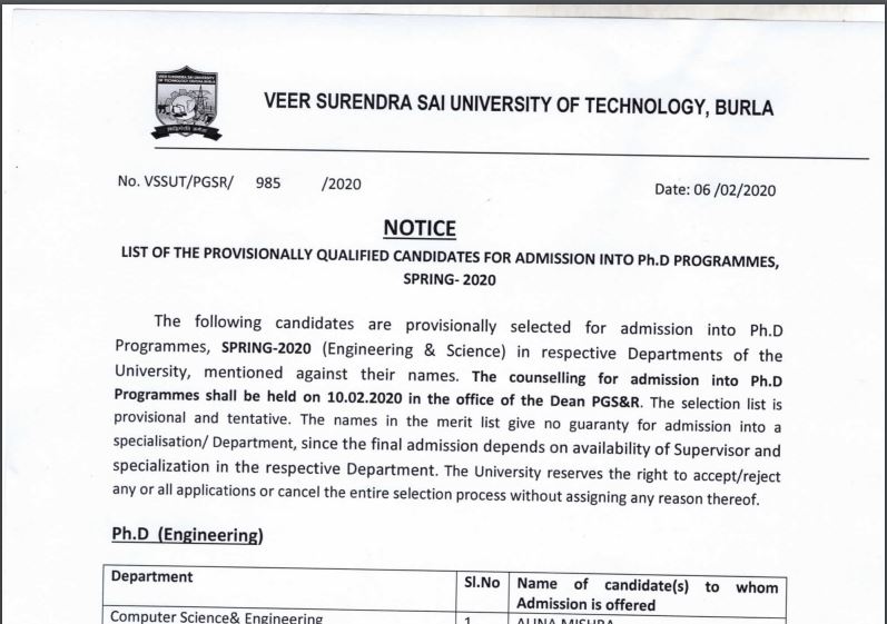 VSSUT Burla Merit List 2020