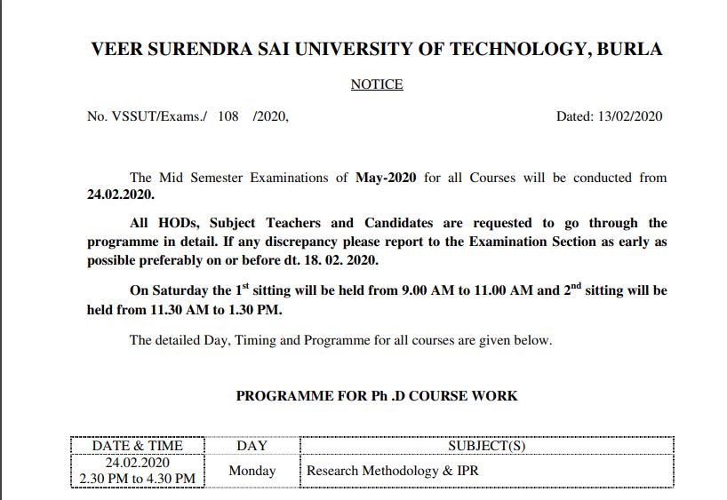 VSSUT Exam Date 2020