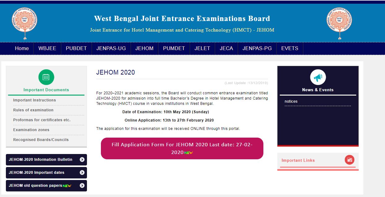 WBJEE JEHOM Admit Card 2020