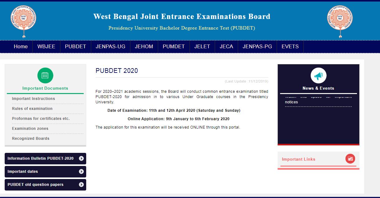 WBJEE PUBDET Admit Card 2020