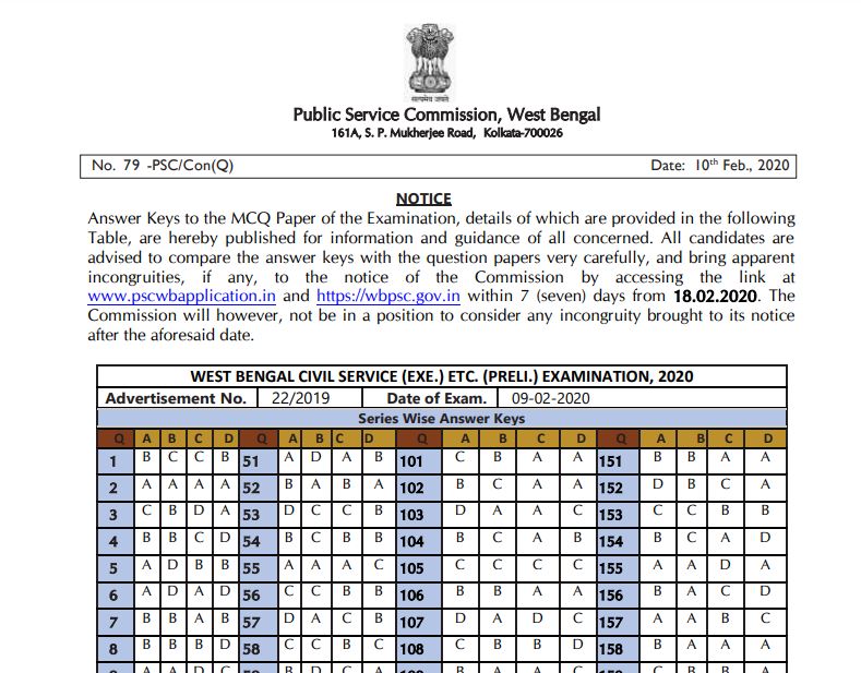 WBPSC Civil Service Answer Key 2020