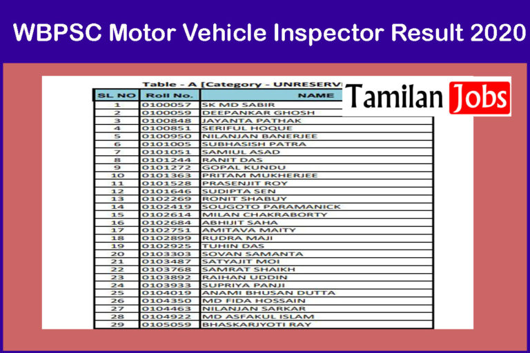 WBPSC Motor Vehicle Inspector Result 2020