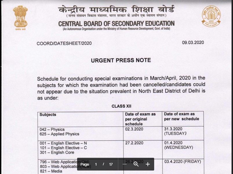 CBSE 10th Board Exam Date Sheet 2020 PDF