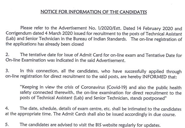 Bis Technical Assistant, Senior Technician Exam 2020 Postponed Due To Corona Virus