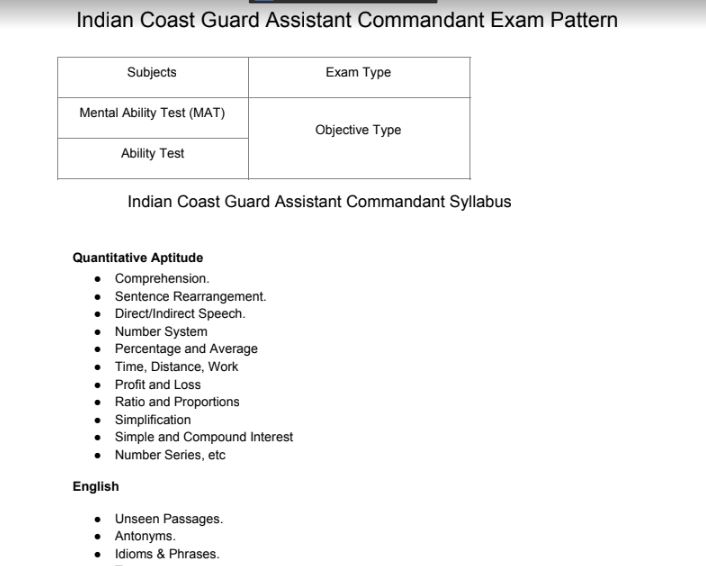 Indian Coast Guard Assistant Commandant Syllabus 2020