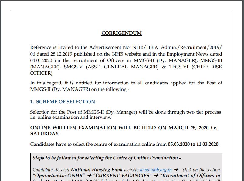 NHB MMGS-2 Admit Card 2020