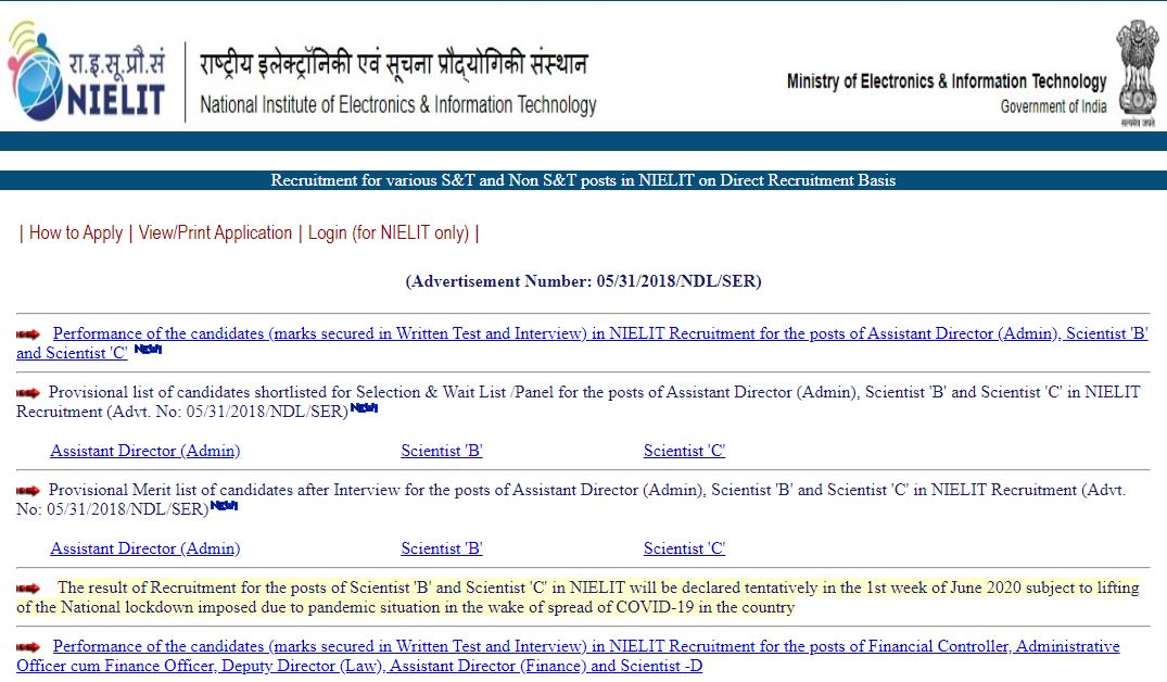 NIELIT Scientist Result 2020