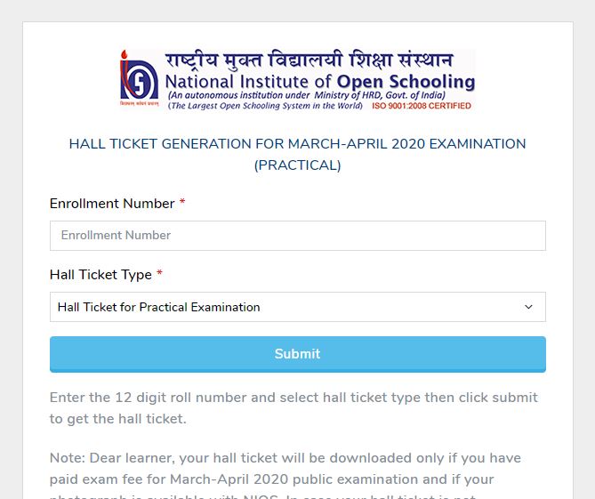 NIOS 12th Admit Card 2020