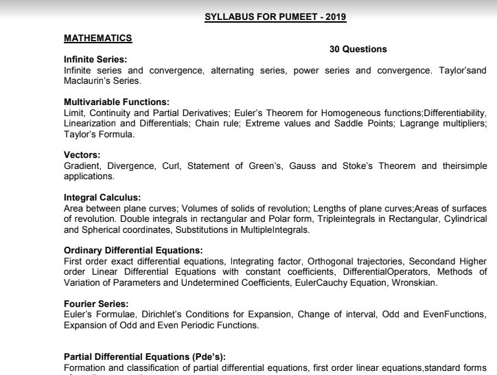 PUMEET Syllabus 2020 PDF