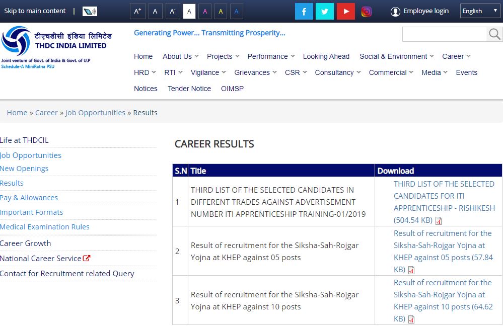 THDC Apprentice Result 2020