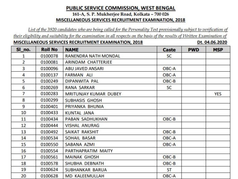 WBPSC Miscellaneous Service Result 2020