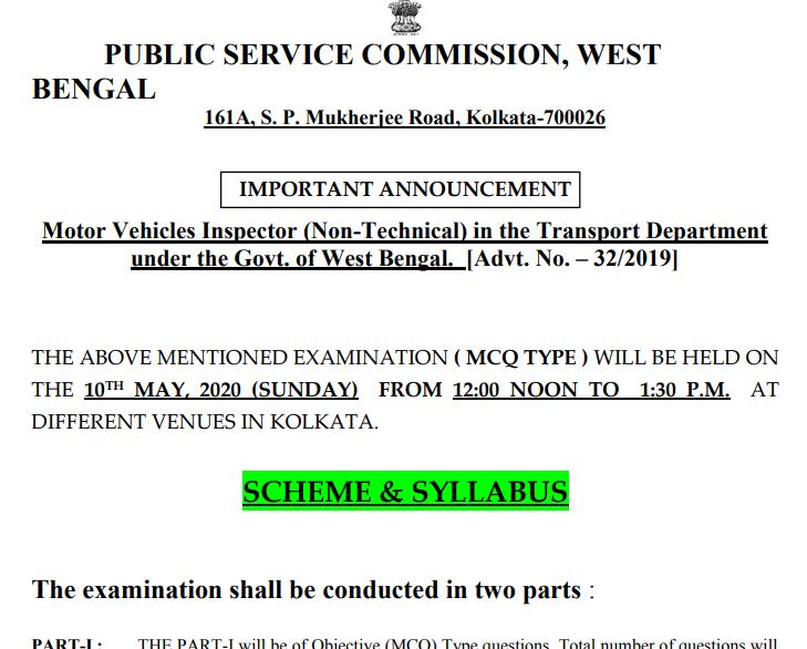 WBPSC Motor Vehicle Inspector Syllabus 2020