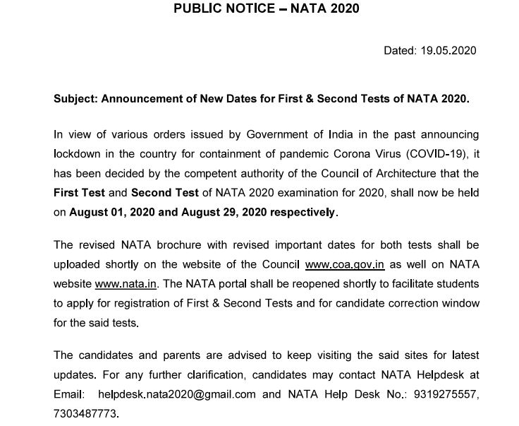 NATA 2020 New Date 2020