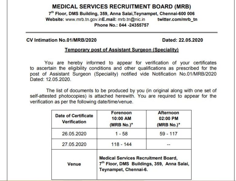 TN MRB Assistant Surgeon CV Date 2020