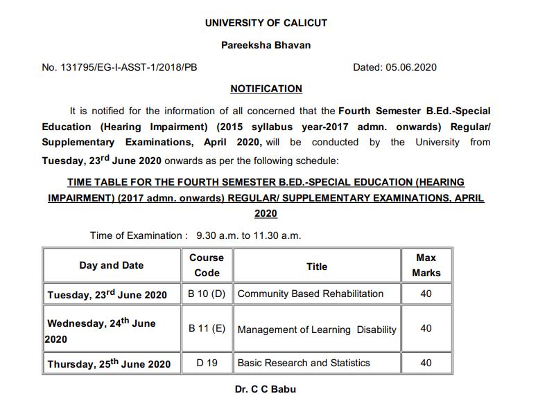 Calicut University Time Table 2020