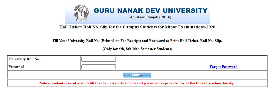 GNDU Hall Ticket 2020