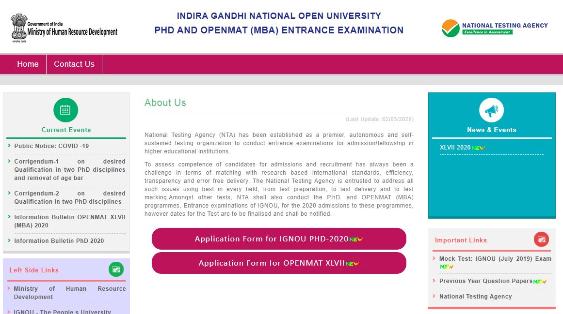 IGNOU Ph.D Entrance Exam Admit Card 2020