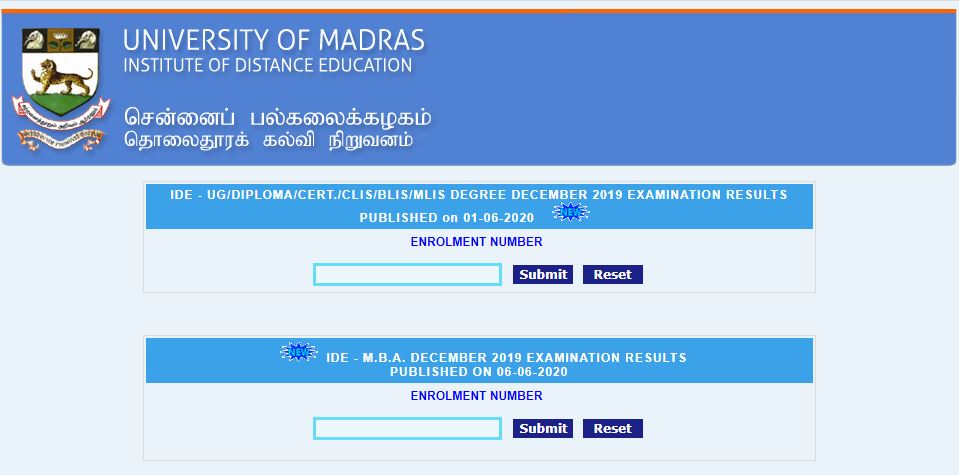 Madras University MBA Exam Result 2020