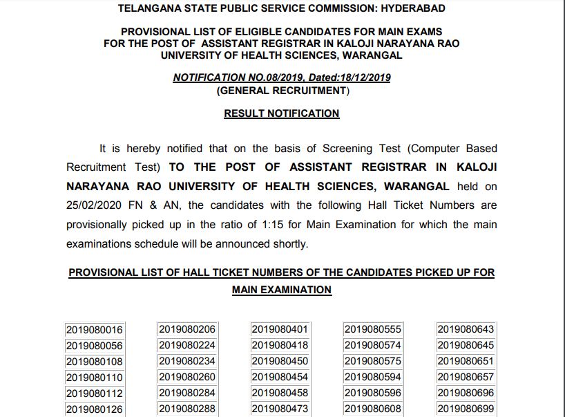 TSPSC Assistant Registrar Result 2020