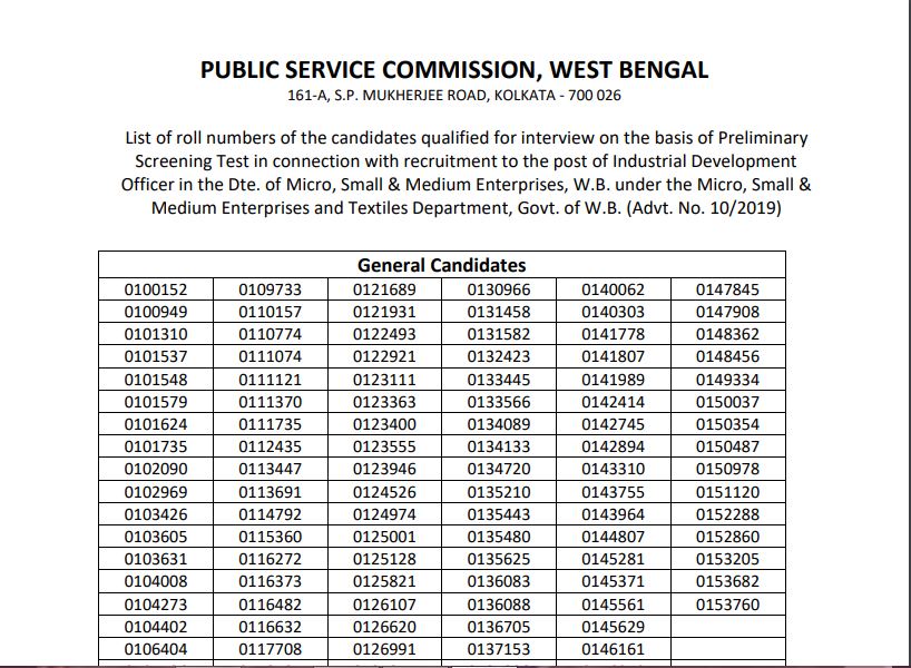 WBPSC IDO Prelims Result 2020