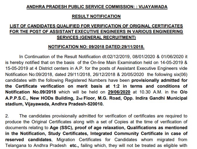 APPSC AEE Mains Result 2020