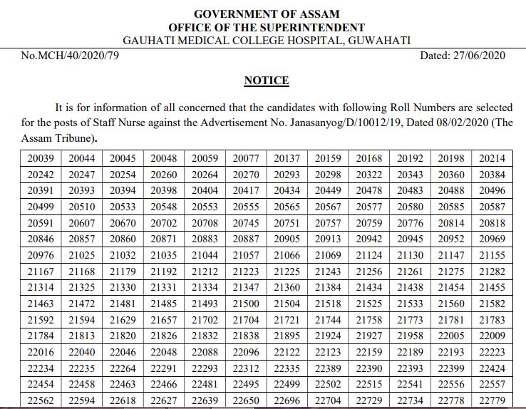 DME Assam Staff Nurse Result 2020