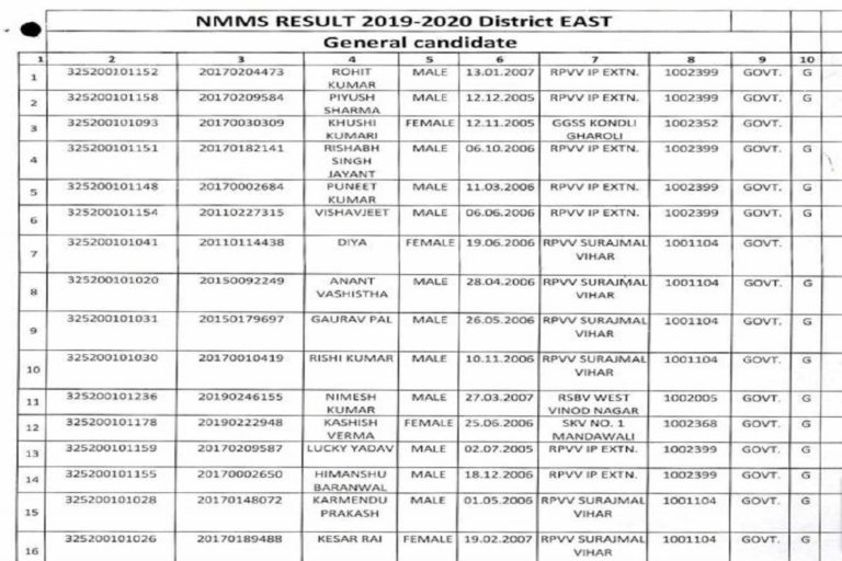 Delhi NMMS Result 2019-2020